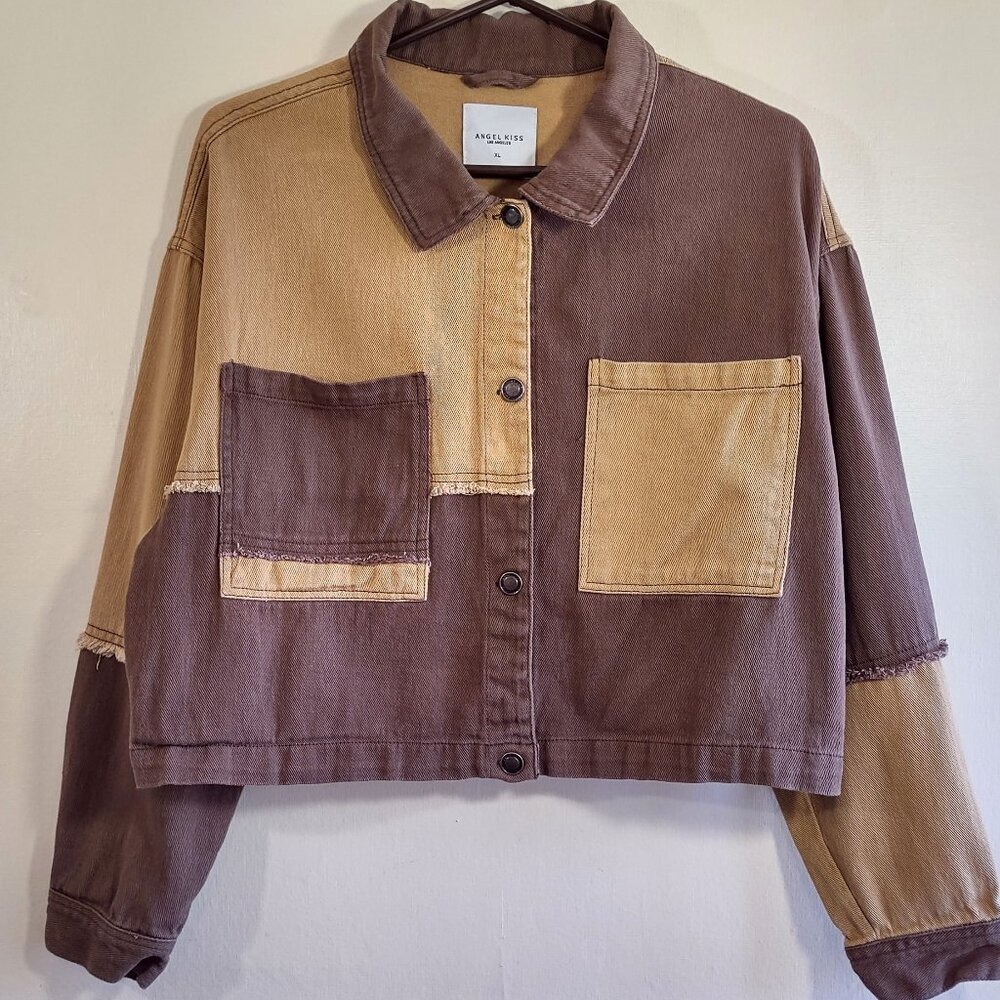 Angel Kiss Crop Brown Denim Jacket Colorblock Distressed Grunge Boxy Junior XL - Picture 2 of 6